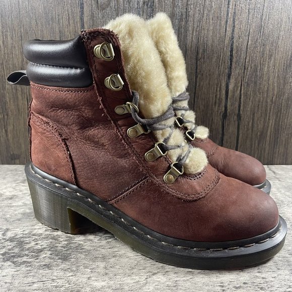 Dr. Martens Shoes - Dr Martens SYLVIA Boot 6 Eye Brown Shearling Lined Womens Platform Size 7